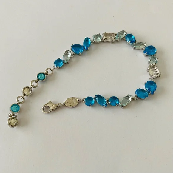 New in Box $249 Swarovski Gema Blue Clear Color Crystals Silver Tone Bracelet